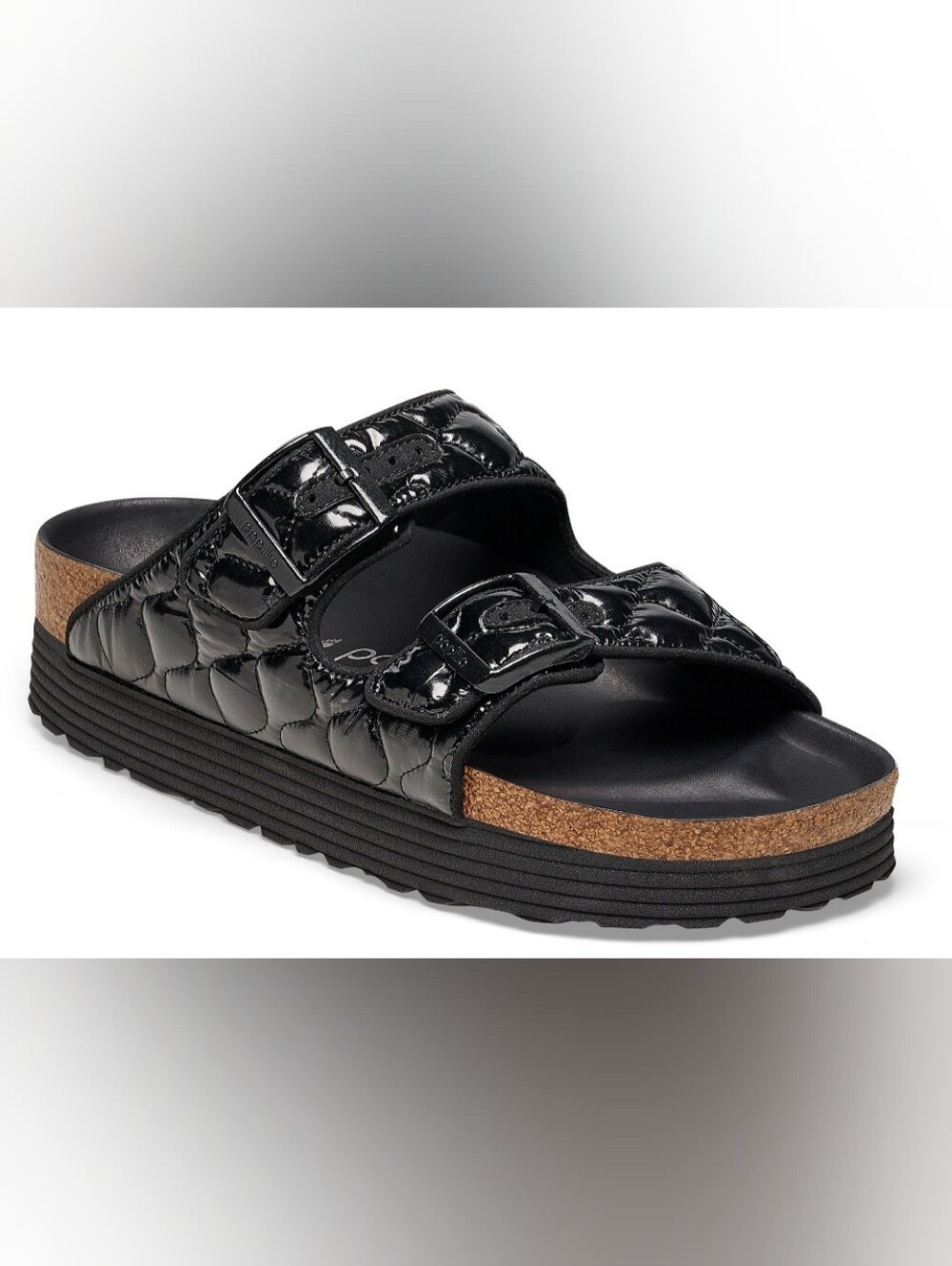 Papillio Ladies Black Quilted Patent Slide Sandals with Cork Trim - Picture 2 of 9